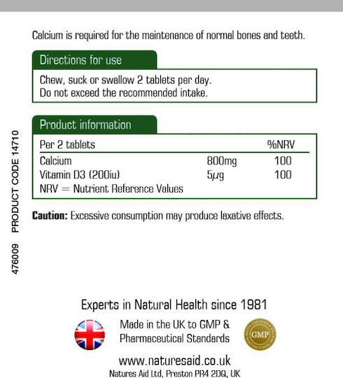 Natures Aid Calcium 400mg 60 ταμπλέτες Λεμόνι