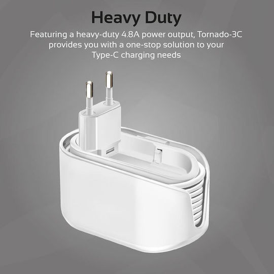 Promate Φορτιστής και Καλώδιο USB-C Λευκός (Tornado-3C)