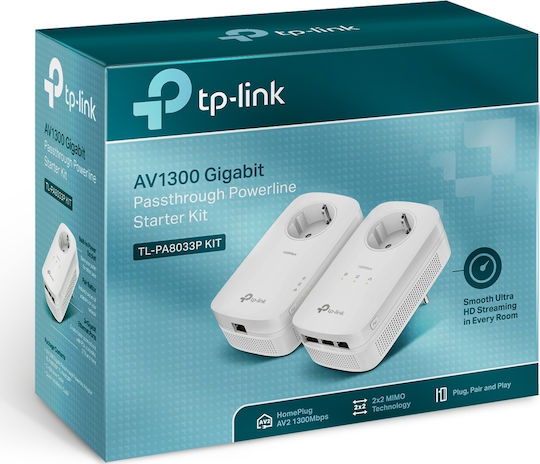 TP-LINK TL-PA8033P KIT v2 Powerline Διπλό για Ενσύρματη Σύνδεση με Passthrough Πρίζα και 3 Θύρες Ethernet