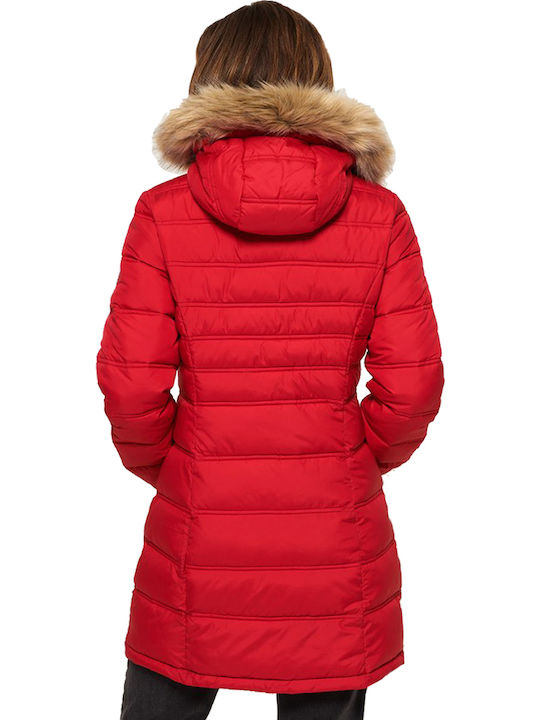 Superdry Mountain Super Fuji Kurz Damen Puffer Jacke mit pelziger Kapuze für Winter Orange
