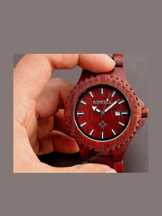 Bewell Ανδρικό Ρολόι 47mm Μπαταρίας με Καφέ Ξύλινο Μπρασελέ