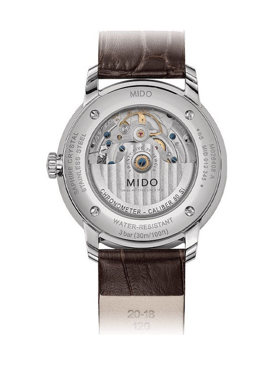 Mido Baroncelli C.O.S.C Certified Three Hands Battery Watch with Leather Strap Brown