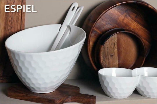 Espiel Honeycomped Porcelain Salad Bowl with Salad Spoons White 20x20x17cm
