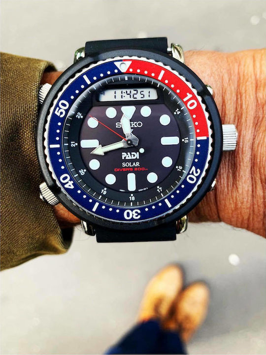 Seiko Prospex Analog/Digital Herrenuhr 47.8mm Chronograph Solar mit Schwarz Kautschukarmband