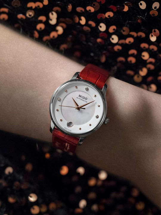 Mido Baroncelli Lady Day Diamonds Γυναικείο Ρολόι 27.9mm Αυτόματο με Δερμάτινο Λουράκι