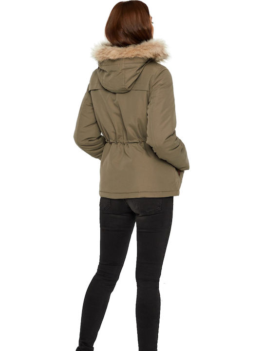 Vero Moda Scurt Jachetă de femei tip parka cu glugă de blană pentru iarnă Kaki