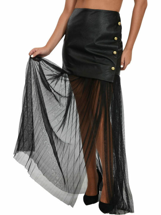 RELISH SKIRT REGGI LEATHER SKIRT BUTTON TRANSPARENCY PLEATED BOTTOM BLACK