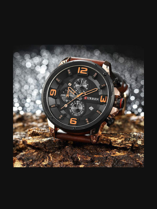 Curren Ανδρικό Ρολόι 48mm Χρονογράφος Μπαταρίας με Δερμάτινο Λουράκι Brown