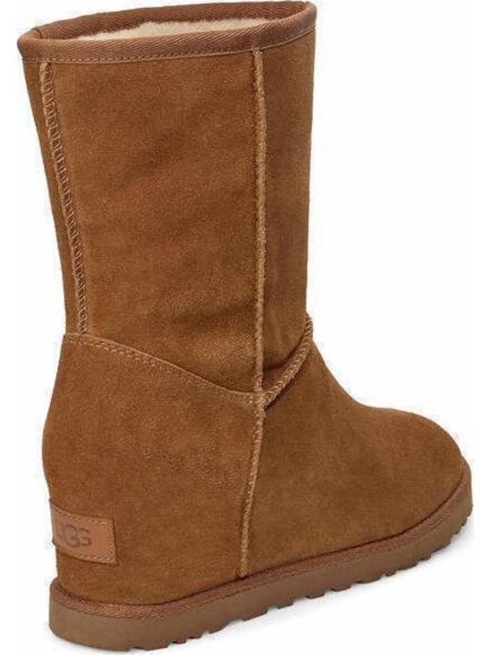 Suede Medium Heel Women's Boots with Fur Classic Femme Short Chestnut