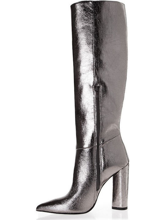 Leather High Heel Women's Boots with Zipper Silver