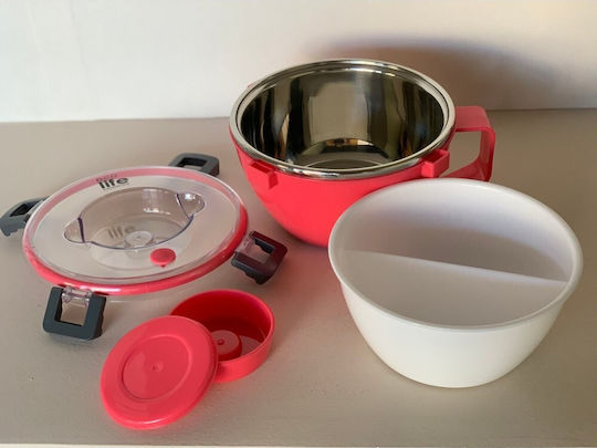 Ecolife Double Wall Round Δοχείο Φαγητού Inox Θερμός Ροζ με Χωρίσματα 850ml