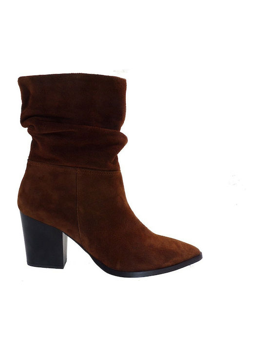 Moods Shoes 7524 Suede Women's Ankle Boots with High Heel Tabac Brown