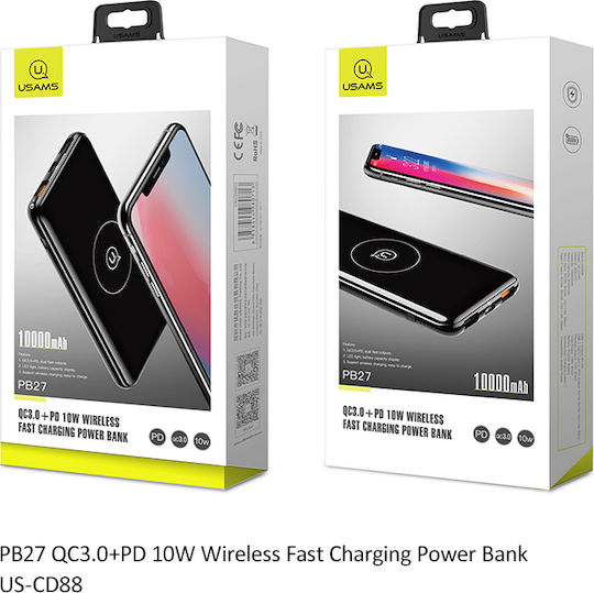 Usams US-CD88 Power Bank 10000mAh με 3 Θύρες USB-A Quick Charge 3.0 Μαύρο