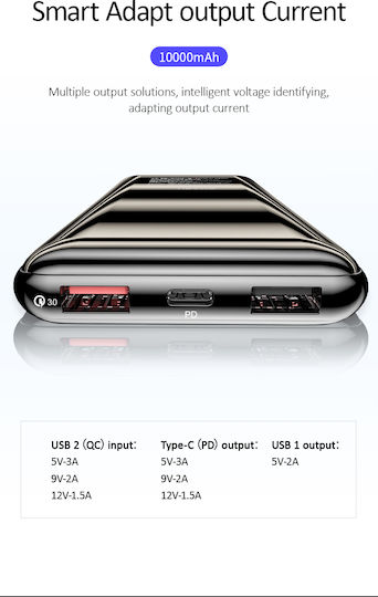 Usams US-CD88 Power Bank 10000mAh με 3 Θύρες USB-A Quick Charge 3.0 Μαύρο