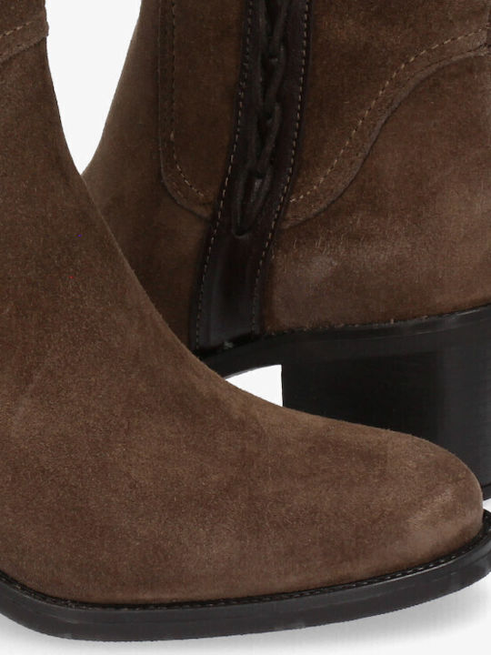 Suede Medium Heel Women's Boots with Zipper Brown