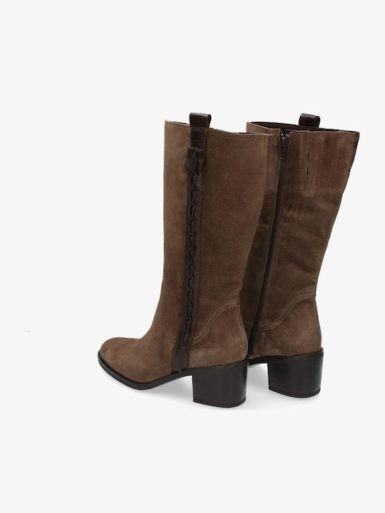 Suede Medium Heel Women's Boots with Zipper Brown