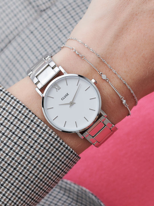 Cluse Minuit 3-Link Women's Watch with Silver Metal Bracelet