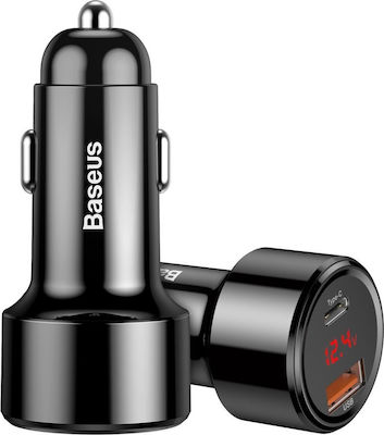 Baseus Car Charger Black Total Intensity 6A Fast Charging with Ports: 1xUSB 1xType-C and Battery Voltmeter