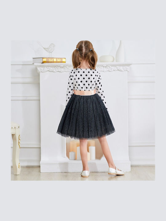 Kids Dress Long Sleeve Polka Dot White