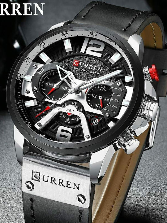Curren Ανδρικό Ρολόι 48mm Χρονογράφος Μπαταρίας με Δερμάτινο Λουράκι Black/Silver
