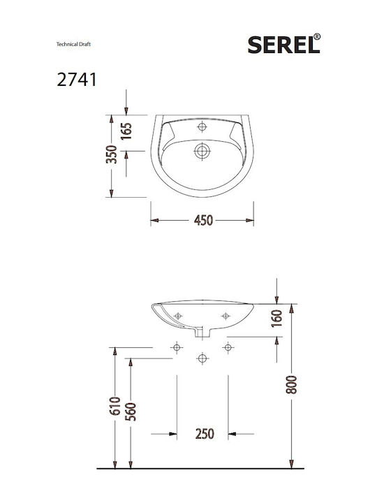 Serel 2741 Wall Mounted Wall-mounted Sink Porcelain 45x35x16cm White