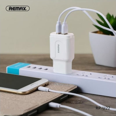 Remax Încărcător cu 2 Porturi USB-A și Cablu USB-C Albς (RP-U22)