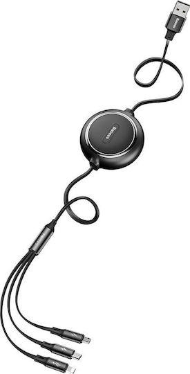 Baseus Golden Loop Retractable USB to micro USB / Type-C / Lightning Cable 3.5A Μαύρο 1.2m (CAMLT-JH01)