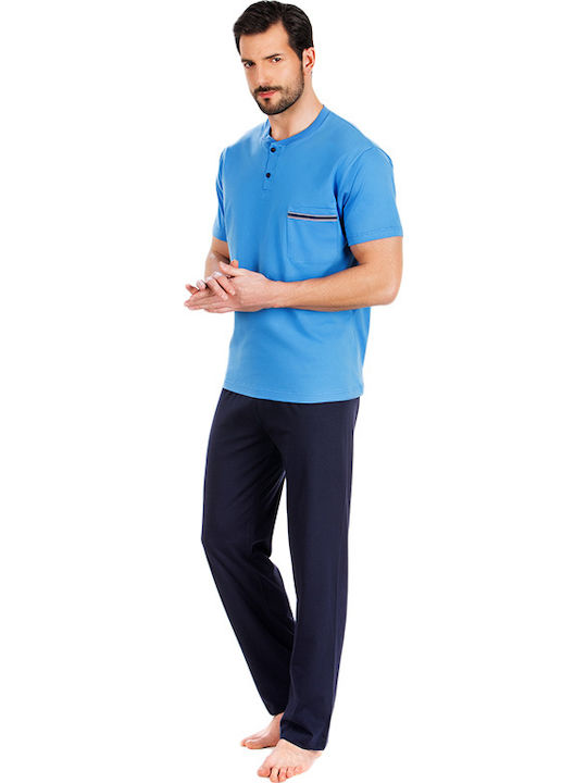 Minerva 90-70728 Men's Summer Cotton Pajamas Set Light Blue / Navy