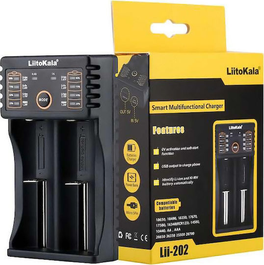 LiitoKala LII-202 USB Charger 2 Batteries Li-ion/Ni-Cd/Ni-MH Size AA/AAA/18650/16340/26650/14500