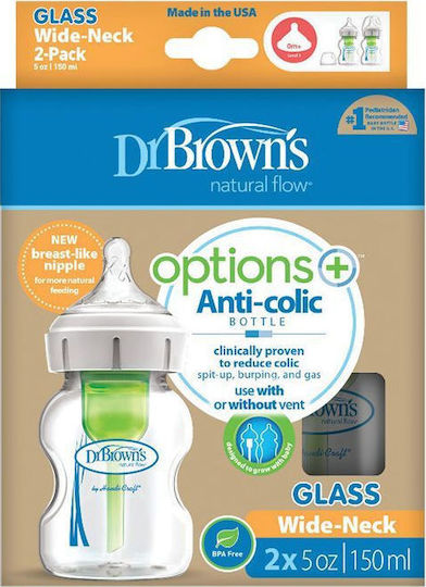 Dr. Brown's Glass Baby Bottle Set Options Anti-Colic with Silicone Nipple for 0+, 0+ m, months 150ml 2pcs