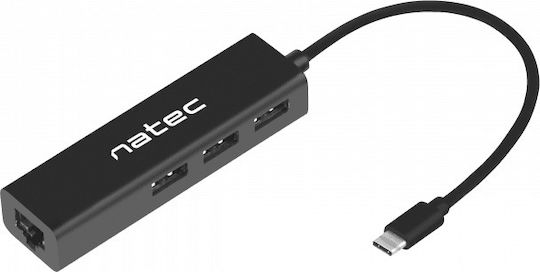 Natec Butterfly Hub 3 Θυρών USB 2.0 με σύνδεση USB-C / Ethernet
