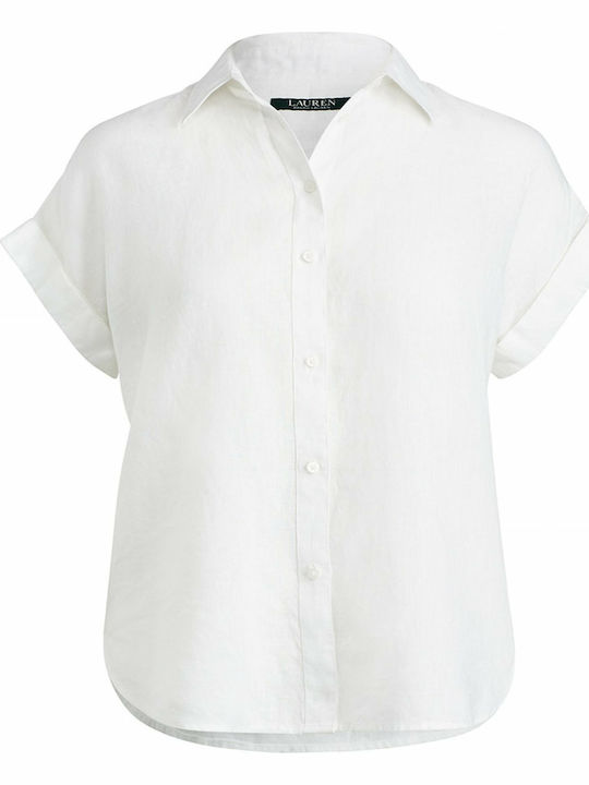 Ralph Lauren Women's Linen Monochrome Short Sleeve Shirt White