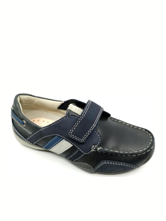 Geox Kids Leather Moccasins with Hoop & Loop Closure Navy Blue Snakemoc