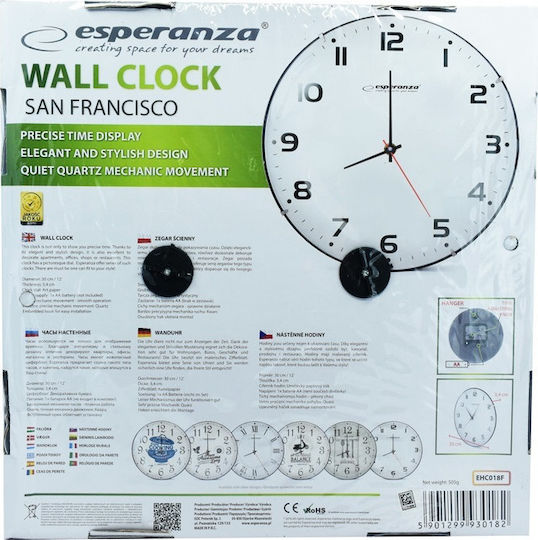 Esperanza San Francisco Silent Wall Clock Glass White Ø30cm Esperanza San Francisco Silent Wall Clock Glass White Ø30cm