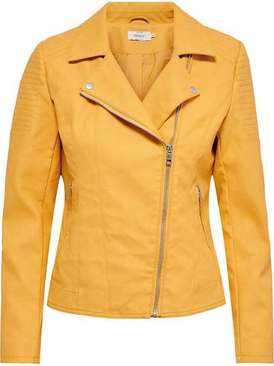 Women's Short Biker Artificial Leather Jacket for Winter Golden Apricot