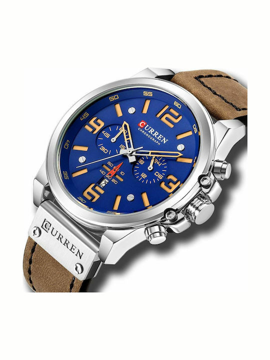 Curren Men's Watch 47mm Chronograph Battery with Leather Strap Blue/Brown