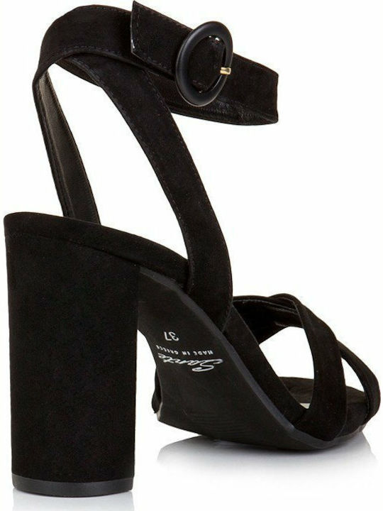 Sante Suede Women's Sandals with Ankle Strap Black with Chunky High Heel