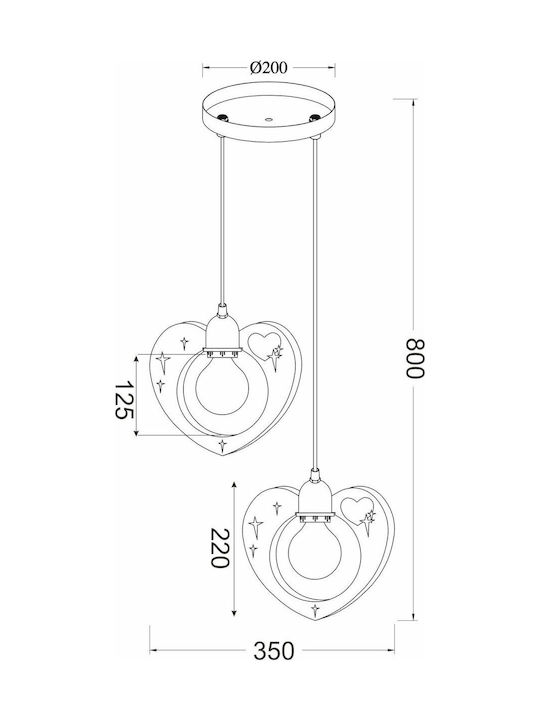 Aca Καρδούλες Candelabru Lumină de tavan pentru copii Agățat din lemn 40W cu suport pentru bec E27 Roz 35cm