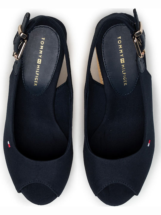 Iconic Elena Sling Back Women's Fabric Peep Toe Platforms Navy Blue