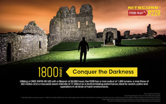 NiteCore Wiederaufladbar Taschenlampe LED IP68 mit maximaler Helligkeit 1800lm P22R 2x CR123 Schwarz
