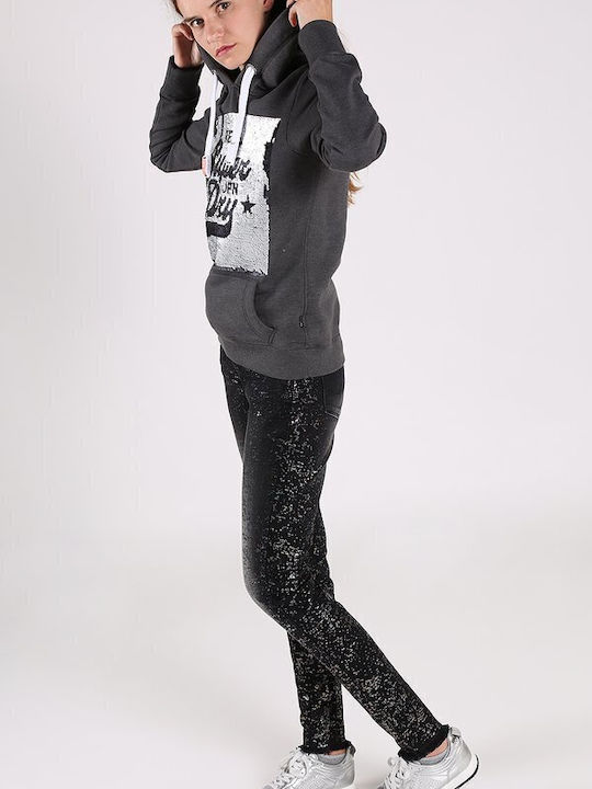Premium Sequin Μακρύ Γυναικείο Φούτερ με Κουκούλα Charcoal Marl