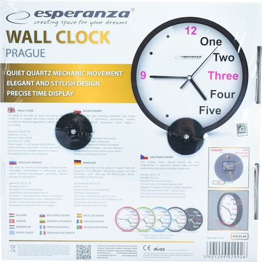 Esperanza Prague Silent Wall Clock Plastic Black Ø20cm