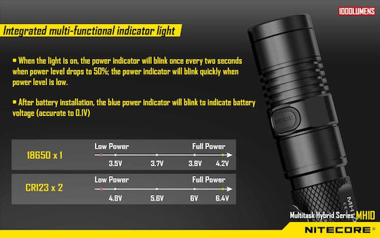 NiteCore Rechargeable Flashlight LED IPX8 with Maximum Brightness 1000lm MH10 2 x CR123A Black