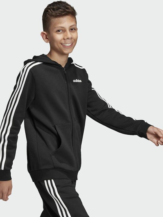 Athletic Kids Sweatshirt Cardigan Cotton with Hood Black Essentials 3-Stripes