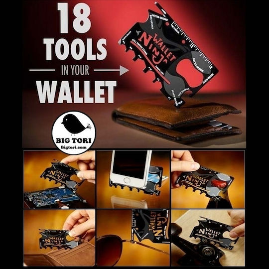 Wallet Ninja 18 в 1 Карта Мултиинструмент Черна в Кожен Калъф