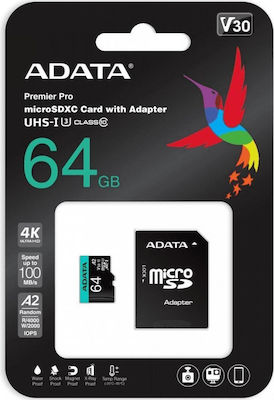 Adata Premier Pro microSDXC 64GB Class 10 U3 V30 A2 UHS-I με αντάπτορα