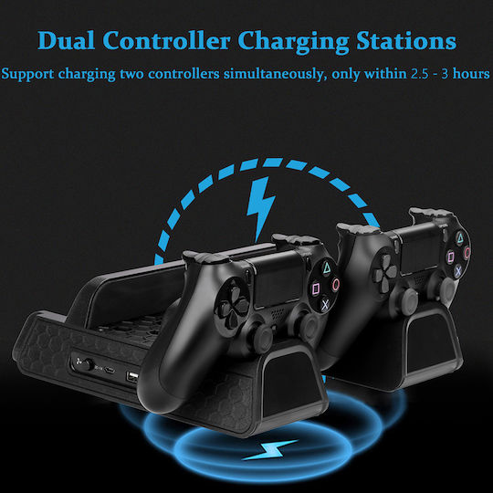 Dobe Cooling Fan Game Storage Slots Game Controller Cha Βάση Φόρτισης για 2 χειριστήρια PS4 Μαύρη TP4-882