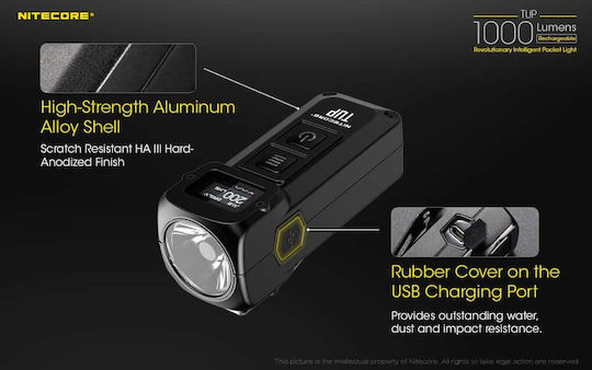 NiteCore Rechargeable Keychain Flashlight LED IP54 with Maximum Brightness 1000lm Tup Embedded Gray