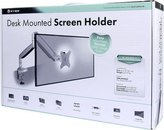 Icy Box Suport Birou Monitor până la 32" cu Braț Argintie (IB-MS503-T)