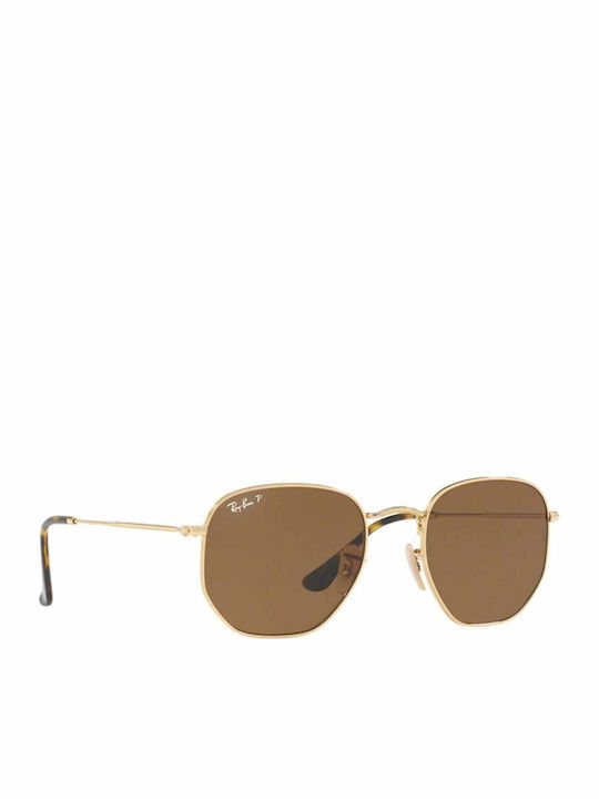 Ray Ban Hexagonal Unisex Sunglasses with Gold Metal Frame and Brown Polarized Lens RB3548N 001/57